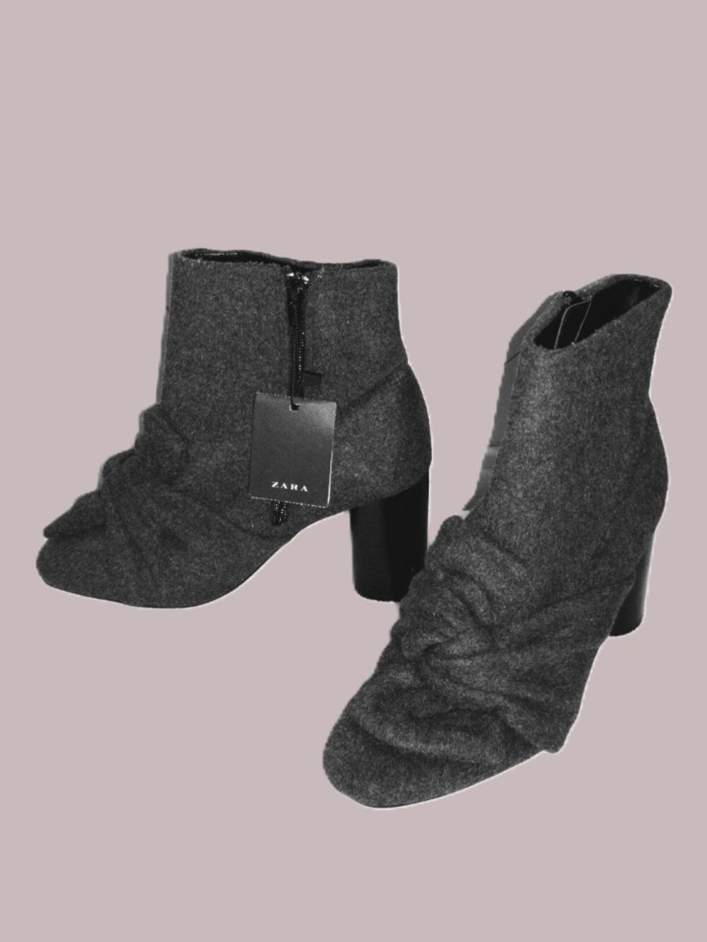 ZARA Dark Gray Wool Blend Bow Ankle Boots - Size 7.5